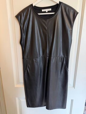MELISSA NEPTON Black Sleeveless Faux-Leather Mini Dress with Pockets Size Small